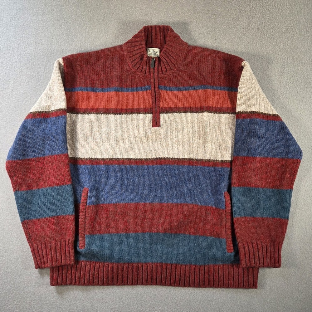 LL Bean Mens XL Striped 1/4 Zip Pullover Lambswool Chunky Knit Sweater 521026